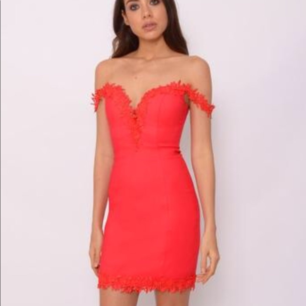 Rare London Coral crochet Trim Bardot dress